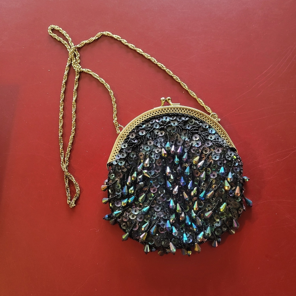 Vintage Black Fringe Sequin Beaded Clutch Purse Evening Bag Clamshell